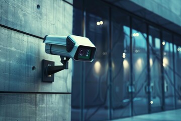Cctv camera providing surveillance and security, protecting a contemporary building with a glass facade