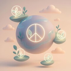 A visually soothing artwork representing universal peace and kindness, symbolized through floating botanical islands and harmonious natural geometry.