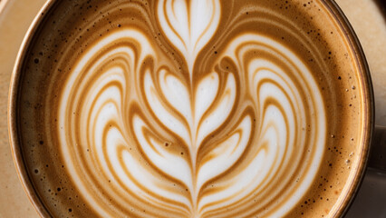 Close up of latte art in a coffee cup showing a plant like pattern. Creative foam design for cafe and beverage concept.