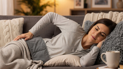 Woman resting on a couch with a heating pad on her stomach. Concept of pain relief and comfort at home for reproductive health.