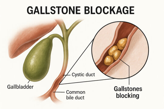 Realistic medical illustration of human gallbladder anatomy with painful gallstone blockage. disease causes an obstruction of cystic duct and common bile duct, serious health problem