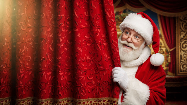 Santa Claus peeking from behind a red velvet curtain with a happy expression, for Christmas and holiday season concept. - Powered by Adobe