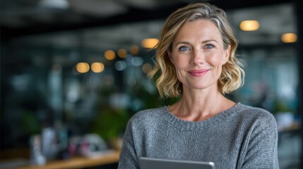 Smiling mature business woman executive, happy middle aged businesswoman entrepreneur, 40 years old company hr holding digital tablet looking at camera standing in office at work. Portrait.