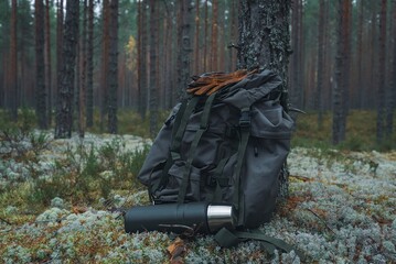 Hiking gear in the forest, close-up. A hiking backpack with a thermos on a clearing in a coniferous forest. Concept of tourism, travel, camping.