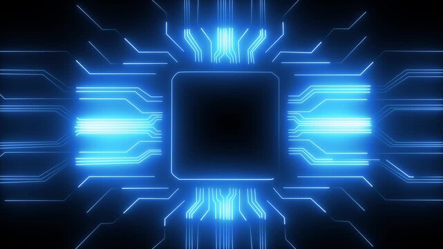 Magenta Blue color abstract shapes forming cyberspace glowing circuit board design digital loop able technology background. Glowing neon line HUD