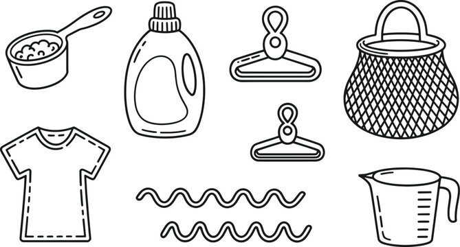 Black and white line drawing of laundry items including a t shirt a measuring cup detergent bottle hangers and a mesh bag