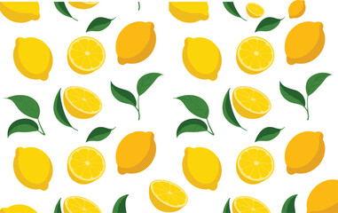 Seamless pattern of bright yellow lemons, lemon slices and green leaves illustrated in modern flat vector style for design use