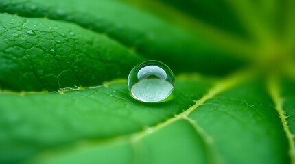 A hyper-realistic close-up of a single dewdrop on a green leaf, macro photography, intricate details of the leaf's veins, soft, diffused lighting