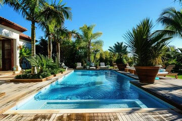 Fototapeta premium Inviting swimming pool in a tropical garden with deck chairs, palm trees, and lush vegetation