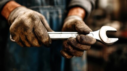 Hands holding a worn wrench in a workshop, showcasing the art of craftsmanship and manual labor
