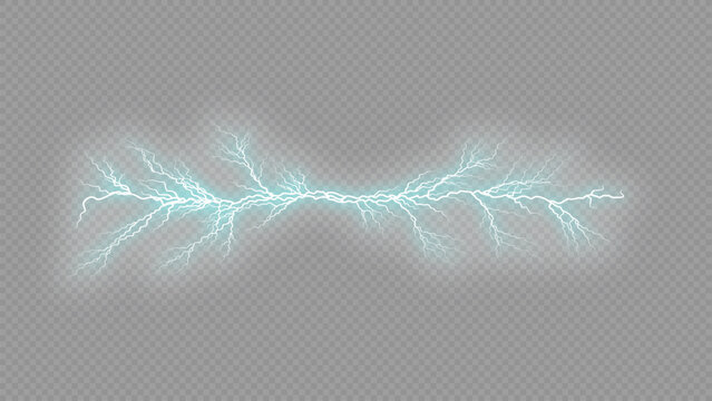 Electric discharge or lightning effect, bright blue energy arc, isolated on white background, realistic digital art