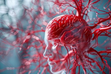 Red human brain showing blood vessels and nervous system, medical anatomical illustration