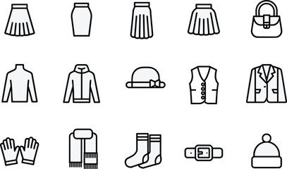 Set of black linear fashion icons including skirts, jackets, hats, gloves and accessories, flat vector illustration isolated on white background.