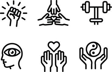 Obraz premium Featuring Raised Fist, Hands with Heart, Dumbbell, Vision, Empathy, and Yin-Yang Symbol for Spirituality and Unity