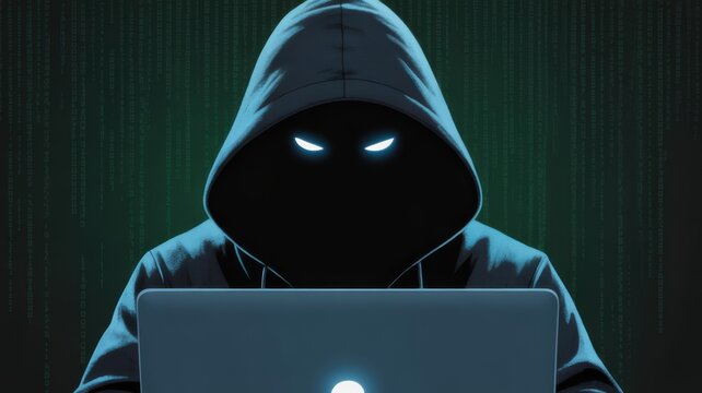 Shadowy Figure and Cyber Threat: A cloaked figure, shrouded in mystery, hunches over a laptop, its illuminated eyes hinting at malicious intent and unseen digital threats.