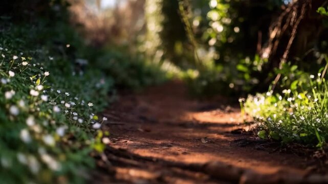 Sunlit dirt path through a garden, with white flowers on the left and tall green plants on the right.