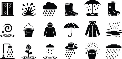 Black icons of rain weather and water related objects