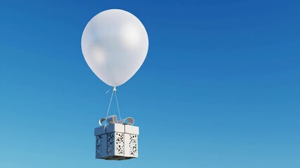 White Balloon Carrying a Gift Box with QR Code Against a Clear Blue Sky.