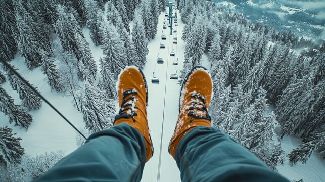 ski lift view with legs dangling above snowy trees, POV shot, scenic height, .