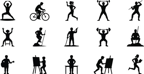 Black silhouettes of people engaged in various activities