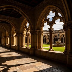Serene Cloister Retreat: Illuminated Stone Arches, Peaceful Walkways, and Timeless History Evoke Ambient, Softly Lit Architectural Elegance Throughout the Ancient Site