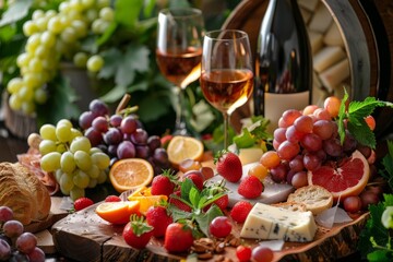 Obraz premium Rose wine served with cheese, bread, grapes, strawberries, grapefruit, and oranges creates a gourmet table setting