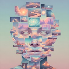 Ethereal Fragmented Consciousness: A Surreal Portrait of Dissolving Memories, Pastel Dreams, and Intricate Abstract Mindscapes in a Whimsical Temporal Dance
