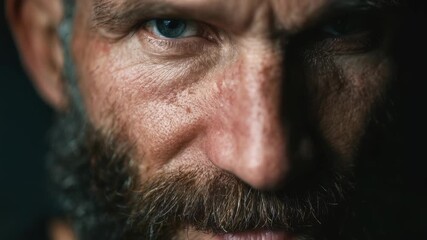 Intense close-up of a man with a beard showing strong emotions and deep features