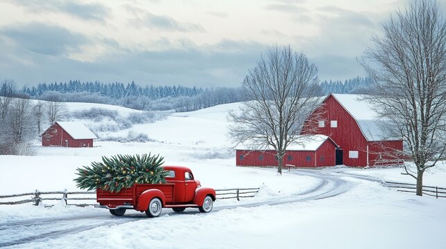 A vintage red truck carries a Christmas tree through a snowy landscape with a red barn in the background .
