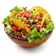 Obraz premium Delicious taco salad featuring crispy tortilla chips, seasoned ground beef, cheese, black beans, corn, tomatoes, onions, lettuce and spices