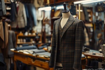 Fototapeta premium Elegant checked suit and vest displayed on a mannequin in a traditional tailor shop