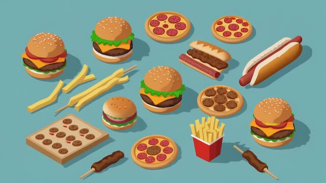 Variety of isometric fast food items including burgers, pizza, and fries.