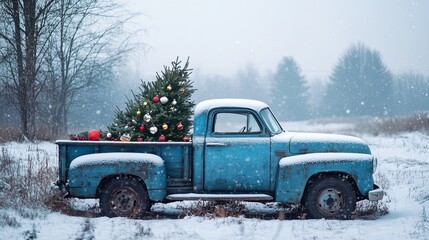 Vintage blue truck with Christmas tree in bed, soft-focus holiday decorations, snowy setting .