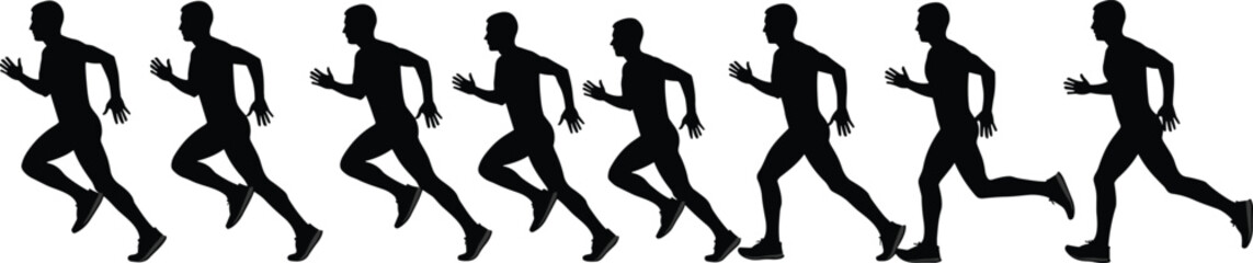 Running stride cycle, athlete silhouettes, motion phases, biomechanics, black vector, sports science, human movement, animation reference, training icon