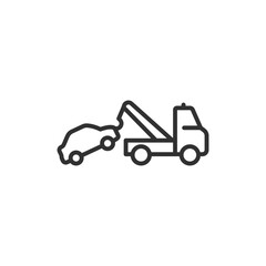 Tow truck with car, linear icon. Vehicle towing and roadside assistance. Line with editable stroke.