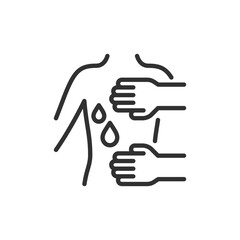 Obraz premium Hands massaging shoulder with drops, linear icon. Lymphatic drainage and skincare procedure. Line with editable stroke.