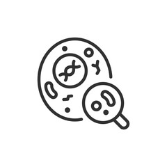 Cells under magnifying glass, linear icon. Microscopic research and cellular analysis. Line with editable stroke.