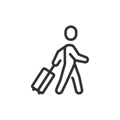 Person with suitcase, linear icon. Traveler and business trip. Line with editable stroke.