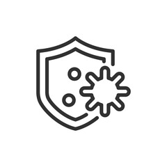 Shield with virus, linear icon. Immune defense and vaccination protection. Line with editable stroke.