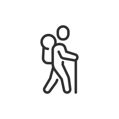 Hiker with backpack, linear icon. Adventure and outdoor exploration. Line with editable stroke.