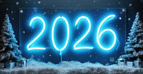 Bright neon sign displays year 2026. Snowy landscape, fir trees frame glowing numbers. Festive winter scene, cool blue tones dominate.
