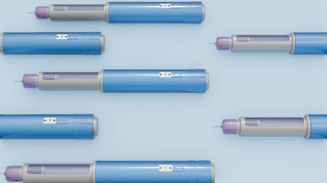A 3d animation of pre-filled GLP-1 receptor agonist pens, used for the treatment of type 2 diabetes or for weight management. It's disposable or multi-dose reusable pen.