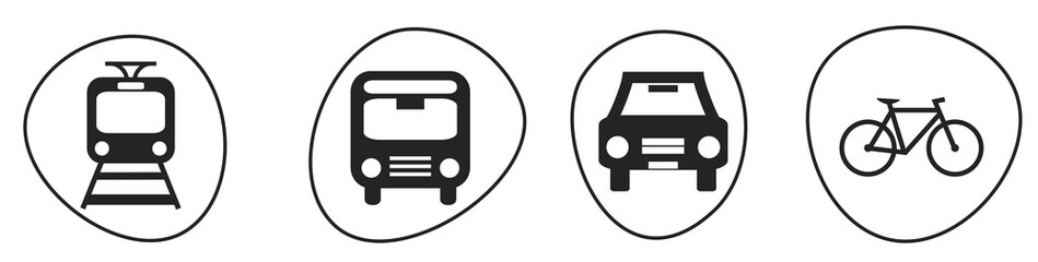 Verkehrsmittel Icons Buttons: Zug, Bus, Auto und Fahrrad