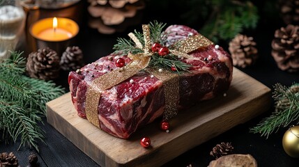 A local butcher shop with New Year specials on meats and festive packaging .