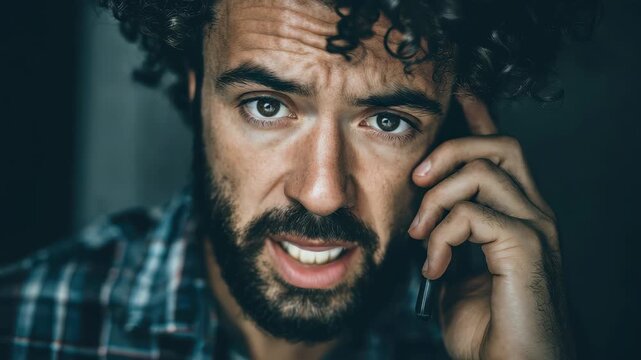 Concerned man talking on the phone in a dimly lit room while wearing a checkered shirt