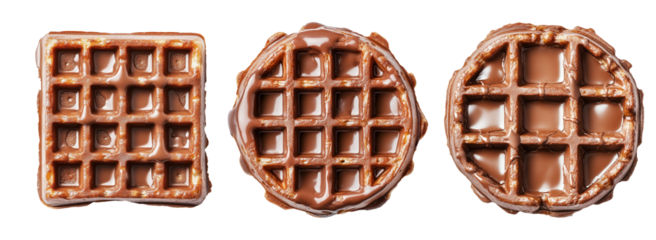 Tasty golden waffle drenched in glossy melted chocolate syrup, isolated on white transparent background, dessert concept