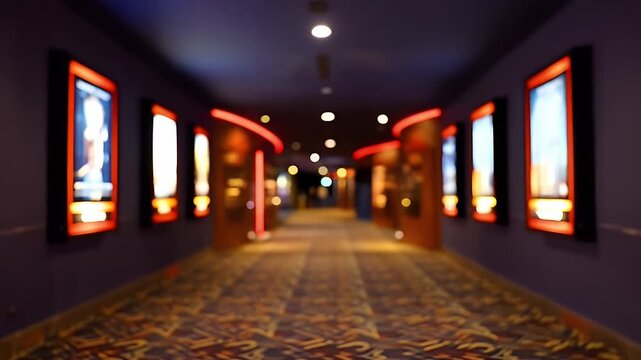 Step into cinema magic bright movie posters glow anticipating cinematic thrill adventure in vibrant theatre hallway