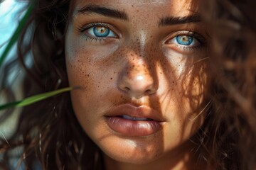 Close up of a woman with striking blue eyes and freckles