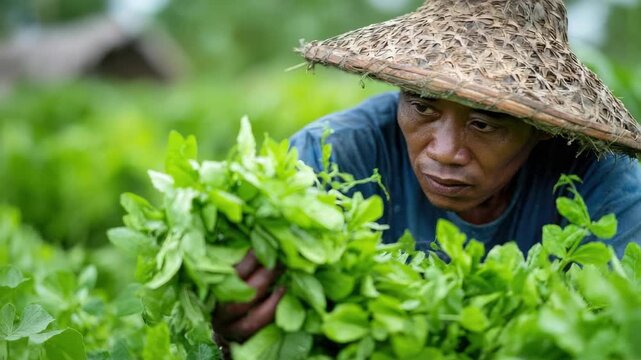A farmer wearing a woven conical hat harvests bright green leafy herbs.