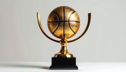 A golden basketball trophy with a polished metallic sphere, artistic curved supports, and a black base, standing on a clean surface under soft studio lighting, elegant and modern award design.